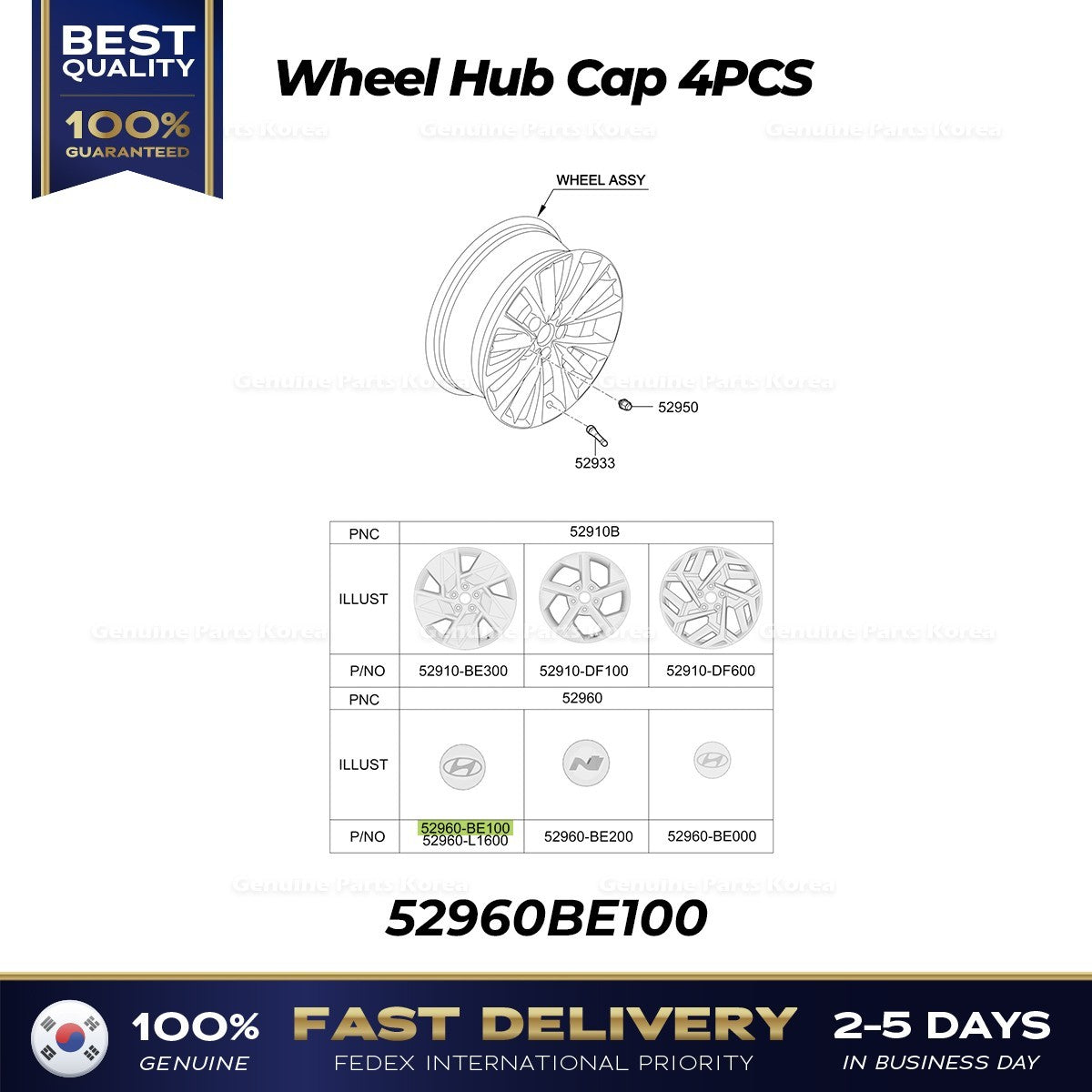 Genuine Wheel Hub Cap 4PCS 52960BE100 for Hyundai Ioniq 5 Kona