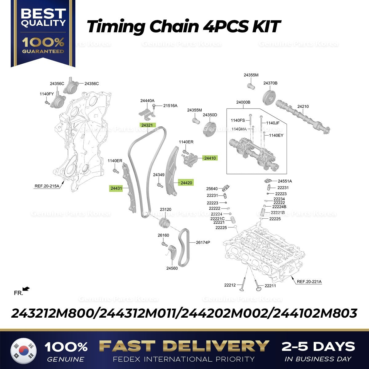 Genuine Timing Chain 4PCS KIT for Hyundai Elantra Kona Kia K5