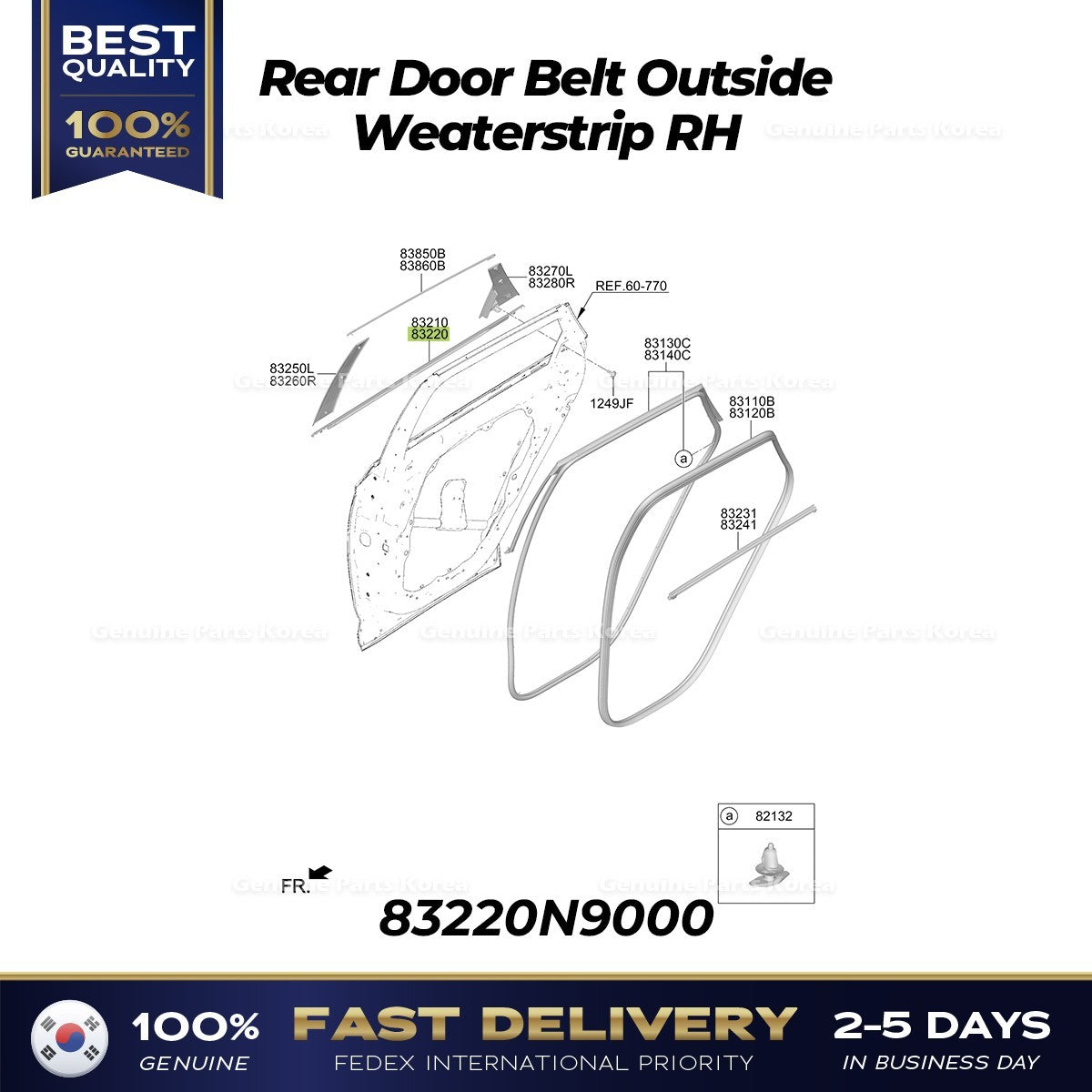 Genuine Rear Door Belt Outside Weaterstrip RH 83220N9000 for Hyundai Tucson