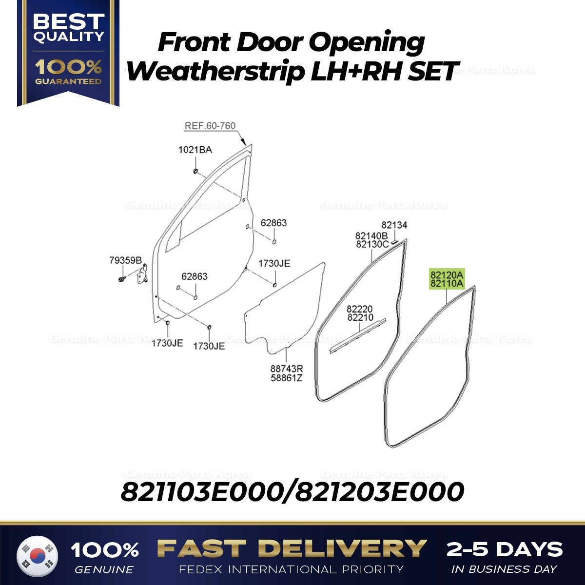 Genuine Front Door Opening Weatherstrip SET 821103E000 821203E000 for Sorento
