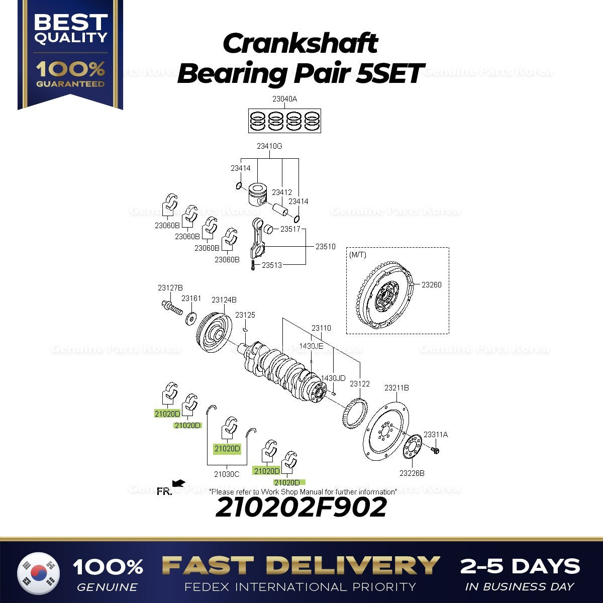 Genuine Crankshaft Bearing Pair 5SET 210202F902 for Hyundai Santa Fe Tucson