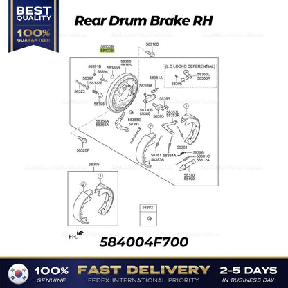Genuine Rear Drum Brake RH 584004F700 for Hyundai H100 Porter II