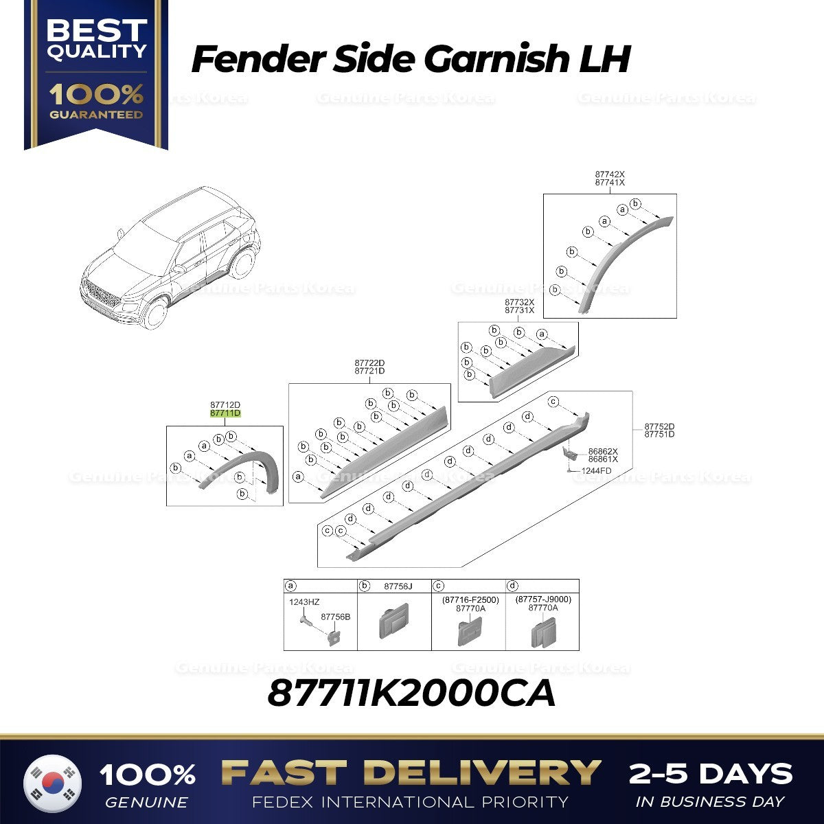 Genuine Fender Side Garnish LH 87711K2000CA for Hyundai Venue