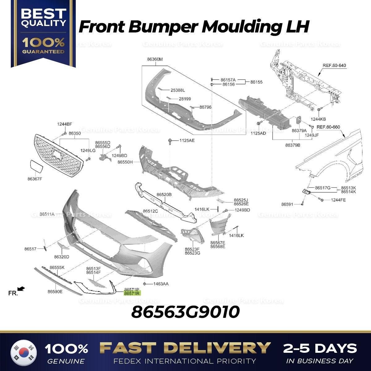 Genuine Front Bumper Moulding LH 86563G9010 for Hyundai Genesis G70