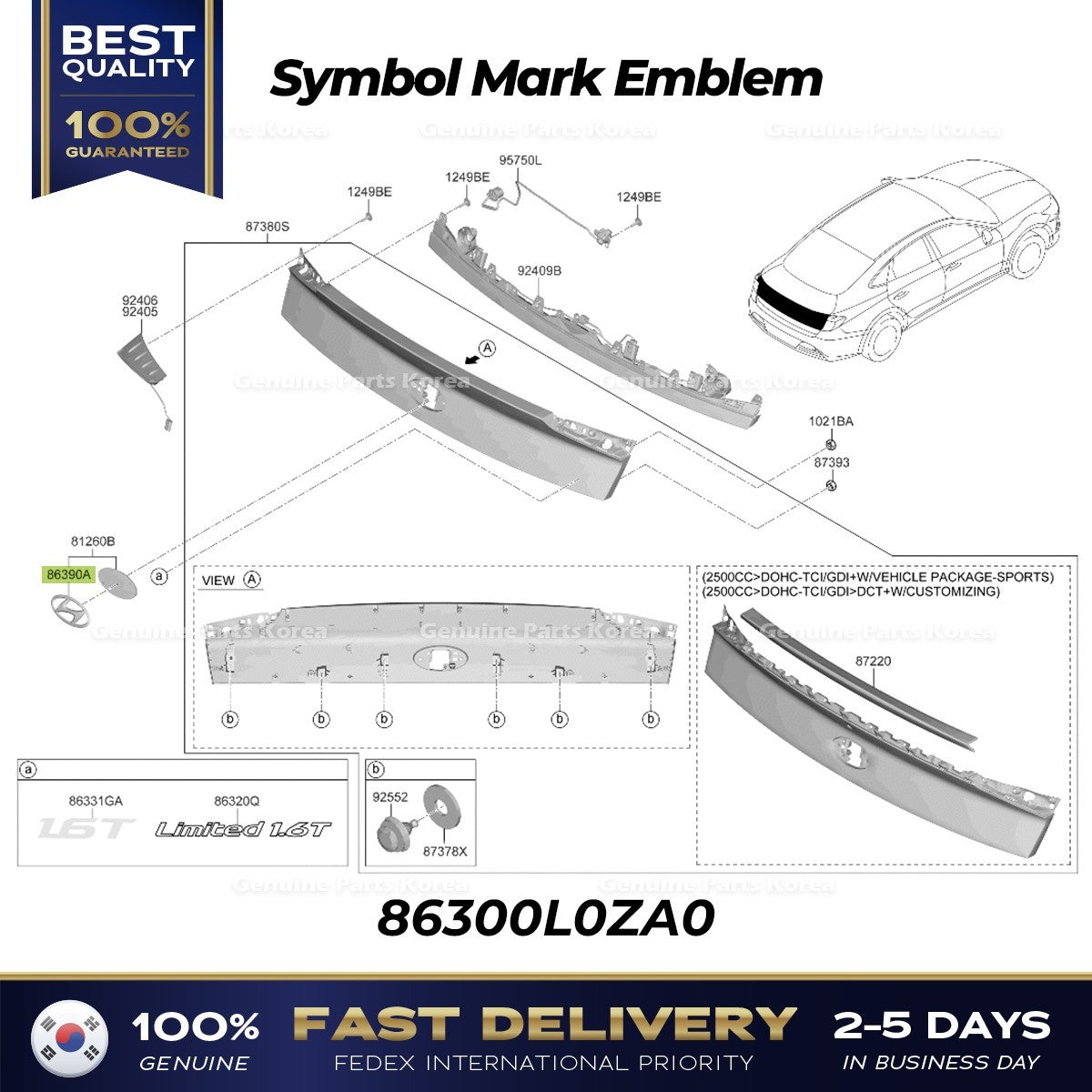 Genuine Symbol Mark Emblem 86300L0ZA0 for Hyundai Sonata