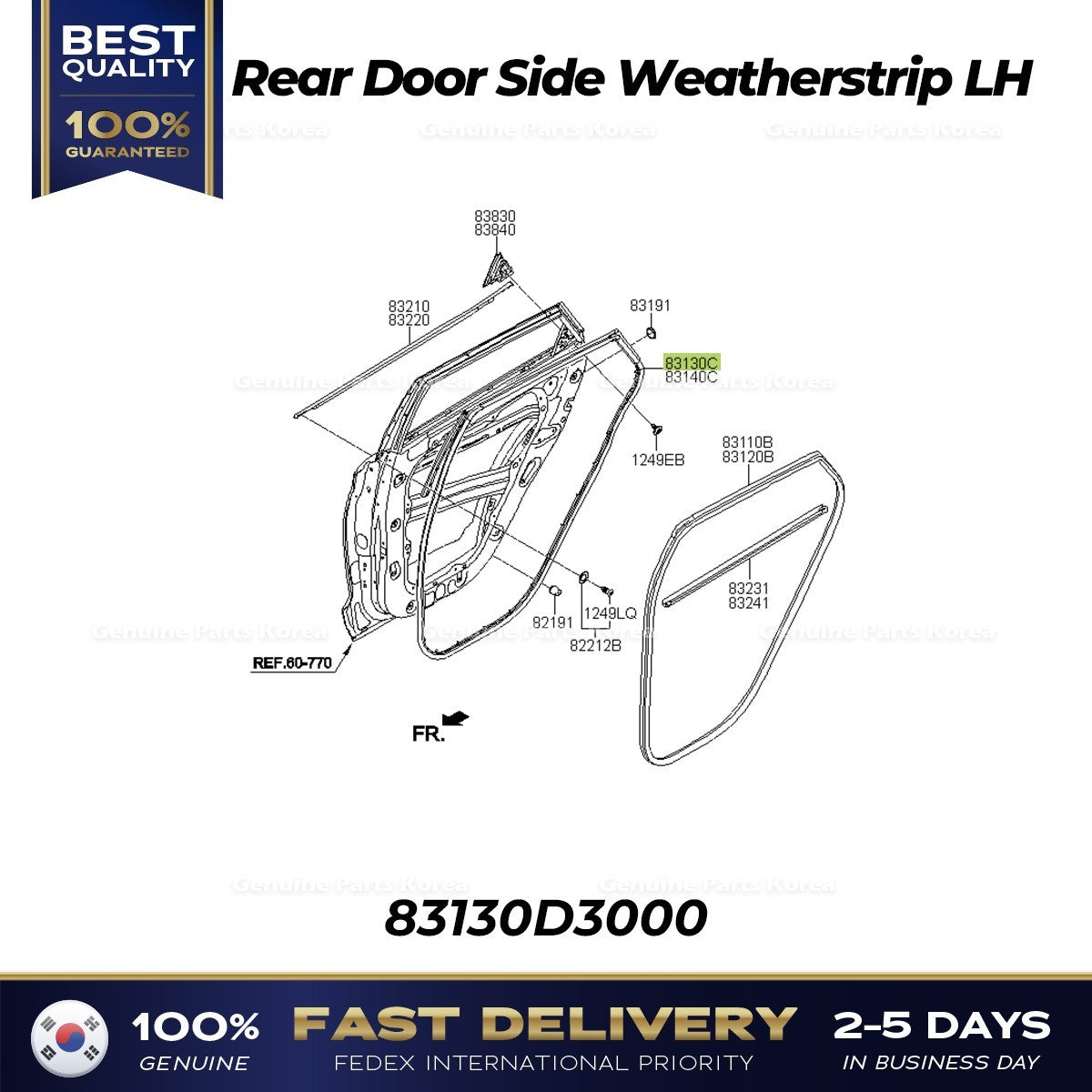 Genuine Rear Door Side Weatherstrip LH 83130D3000 for Hyundai Tucson