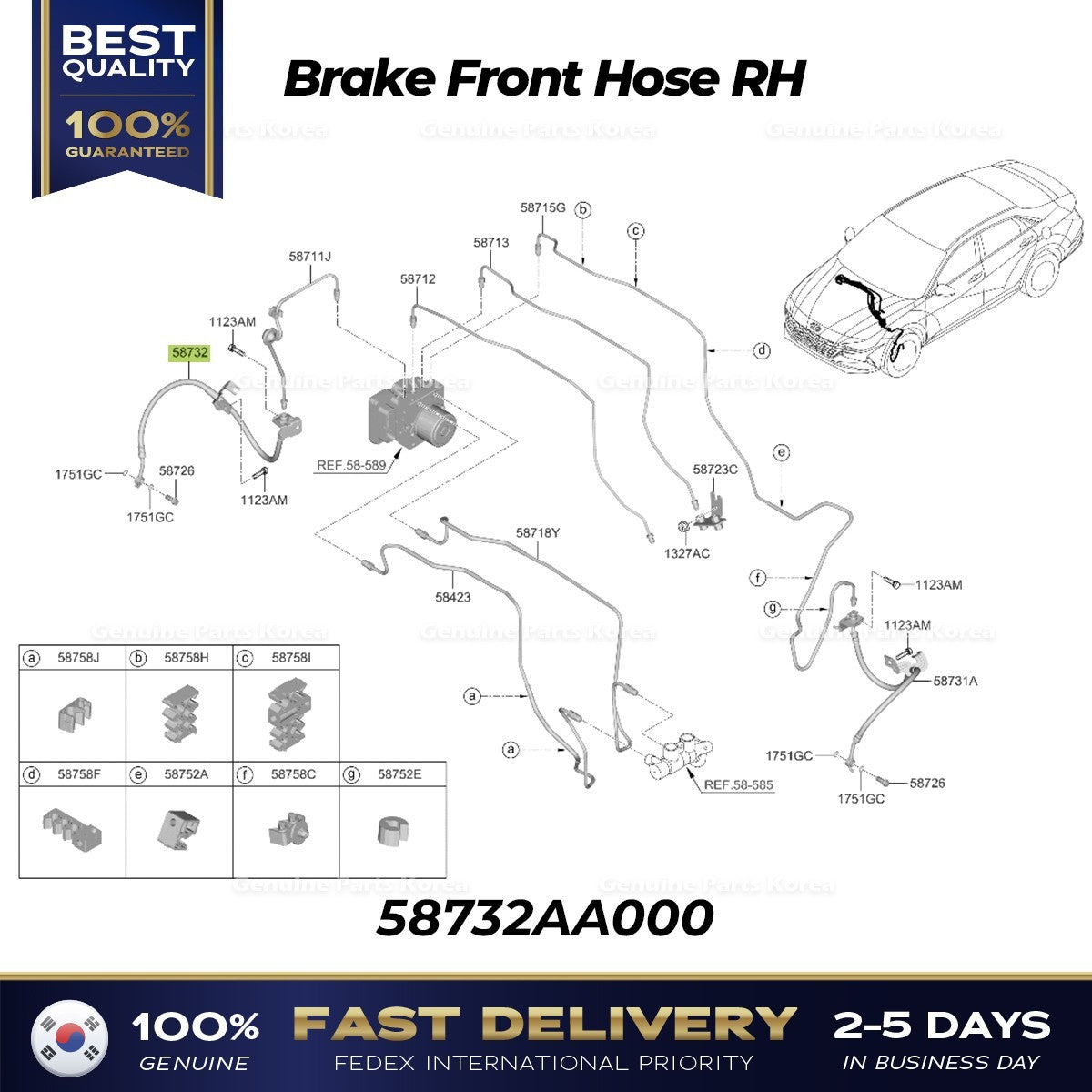 Genuine Brake Front Hose RH 58732AA000 for Hyundai Elantra