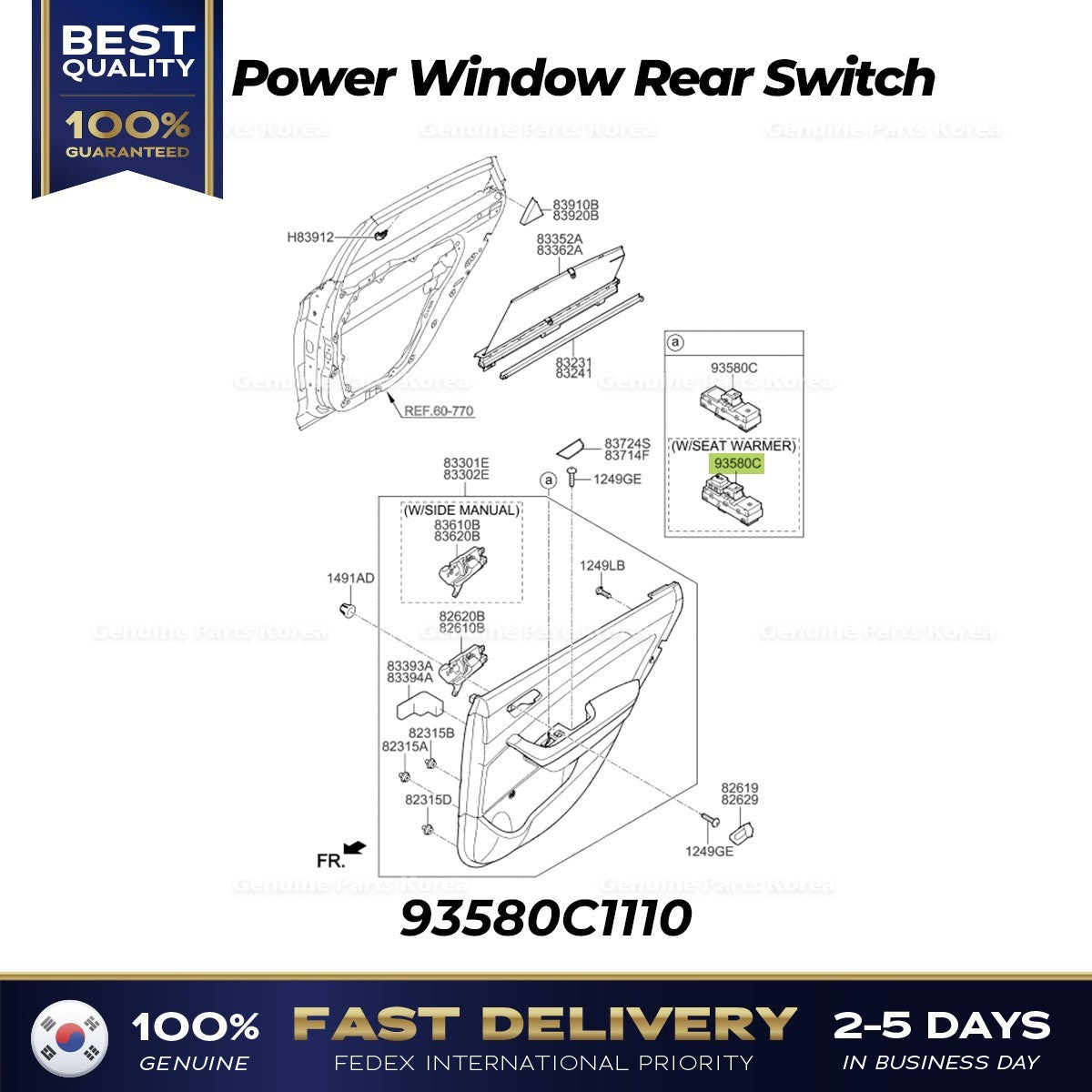 Genuine Power Window Rear Switch 93580C1110 for Hyundai Sonata Hybrid