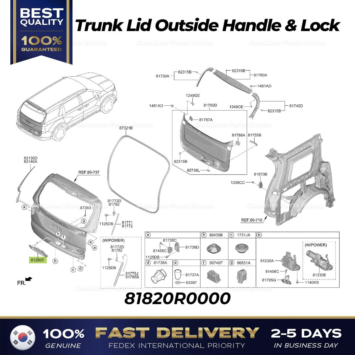 Genuine Trunk Lid Outside Handle & Lock 81820R0000 for Kia Carnival