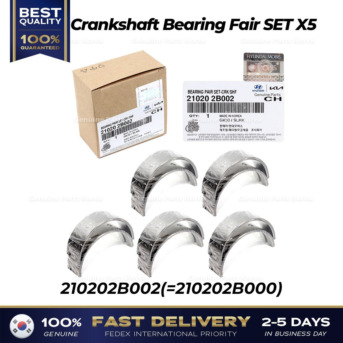Genuine Crankshaft Bearing Fair SET 5PCS 210202B002 for Hyundai Kia