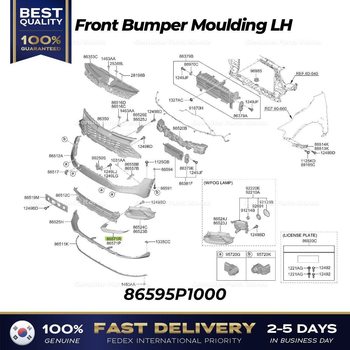 Genuine Front Bumper Moulding LH 86595P1000 for Kia Sportage