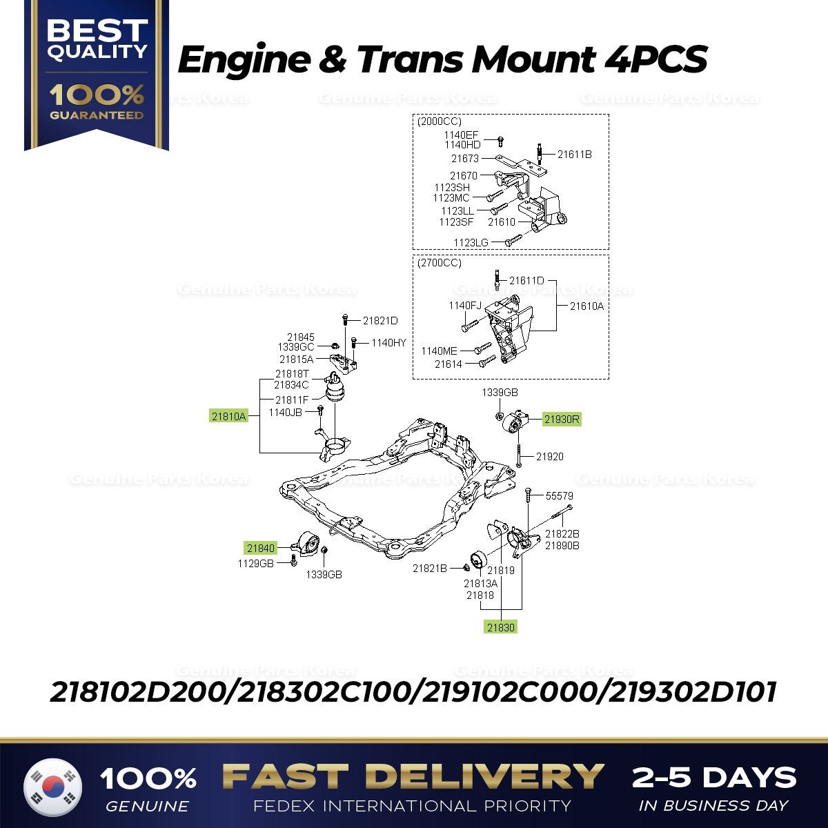 Genuine Engine & Trans Mount 4PCS for Hyundai Tiburon