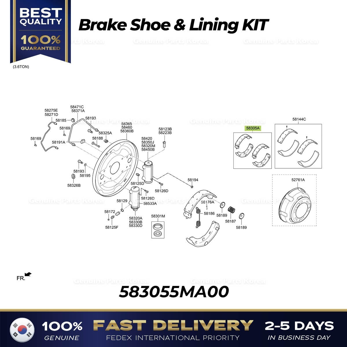 Genuine Brake Shoe & Lining KIT 583055MA00 for Hyundai Mighty