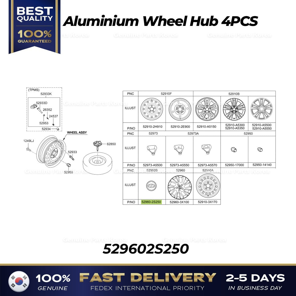 Genuine Aluminium Wheel Hub 4PCS 529602S250 for Hyundai Elantra