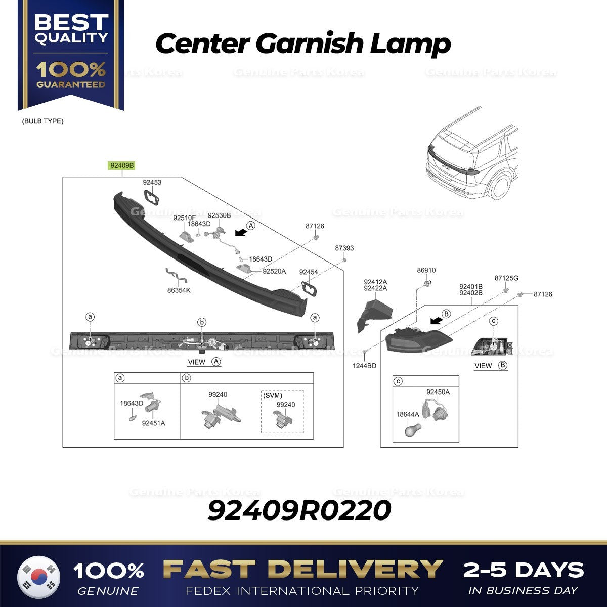 Genuine Center Garnish Lamp 92409R0220 for Kia Carnival