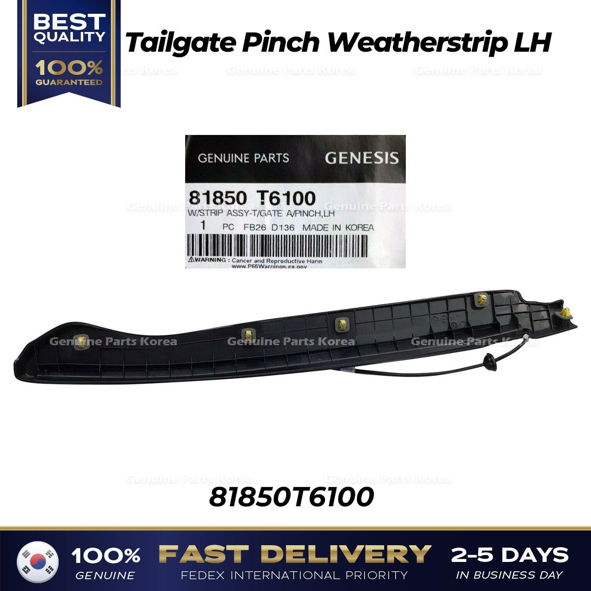 Genuine Tailgate Pinch Weatherstrip LH 81850T6100 for Hyundai Genesis GV80