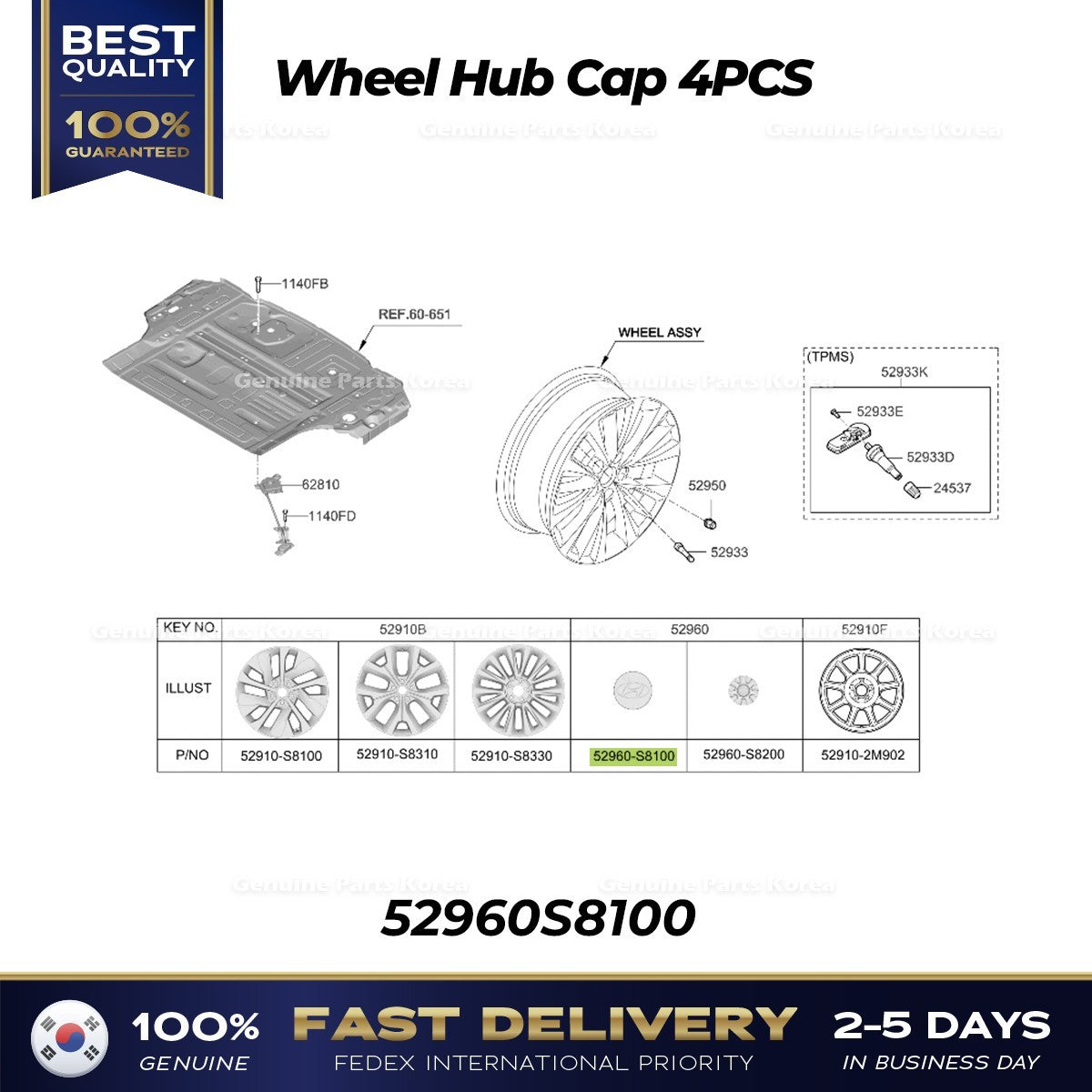 Genuine Wheel Hub Cap 4PCS 52960S8100 for Hyundai Elantra Palisade