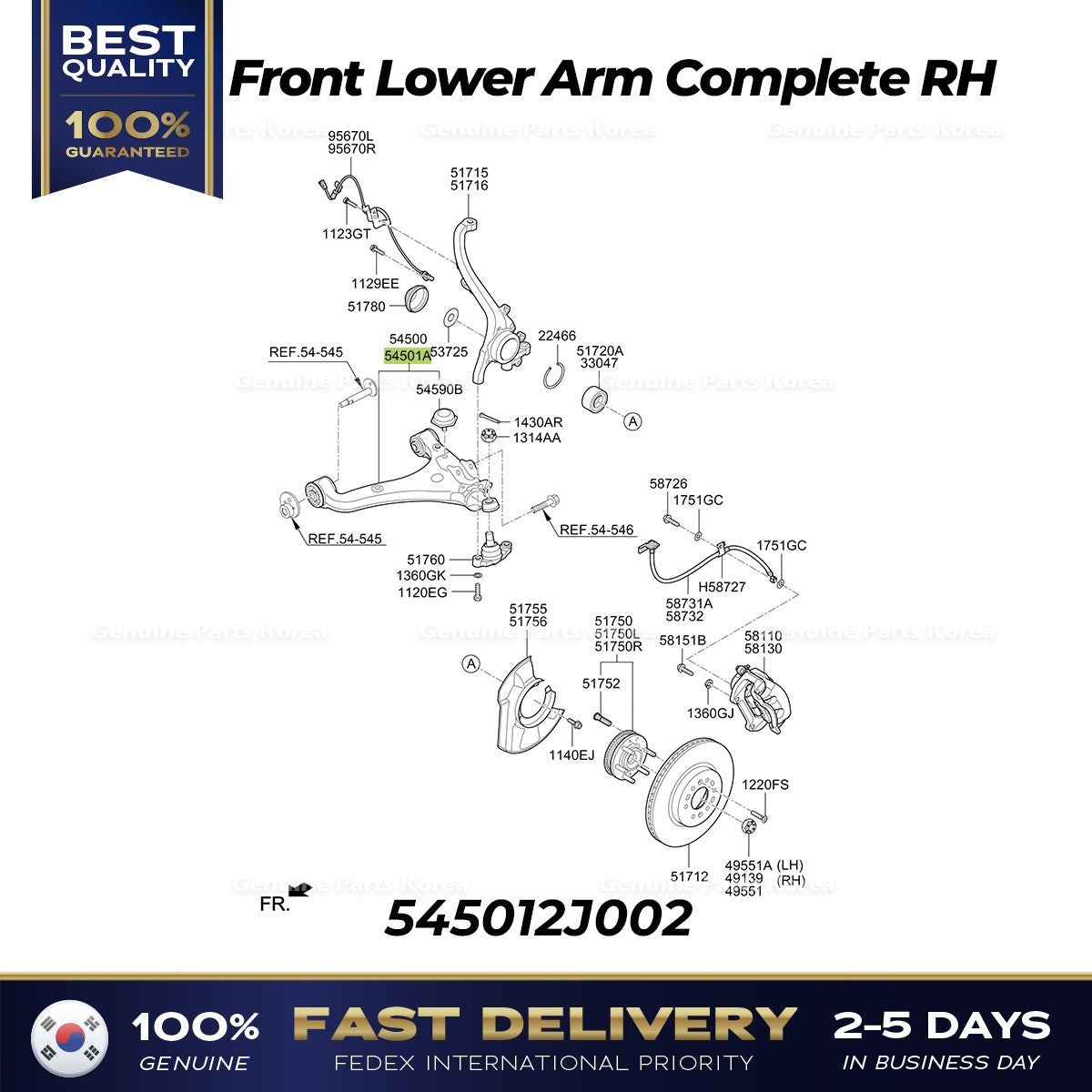Genuine Front Lower Arm Complete RH 545012J002 for Kia Borrego