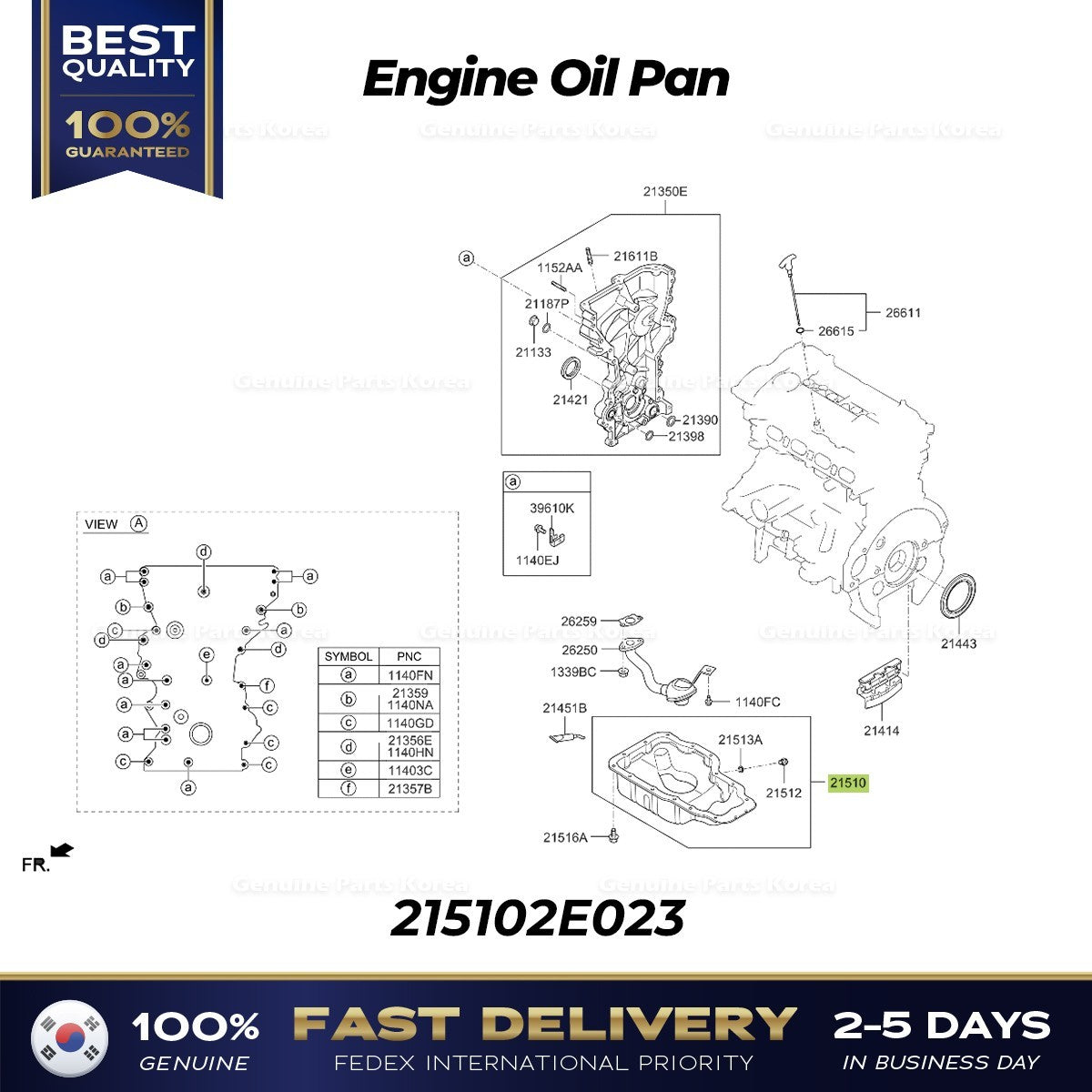 Genuine Engine Oil Pan 215102E023 for Hyundai Elantra Kona Kia Forte