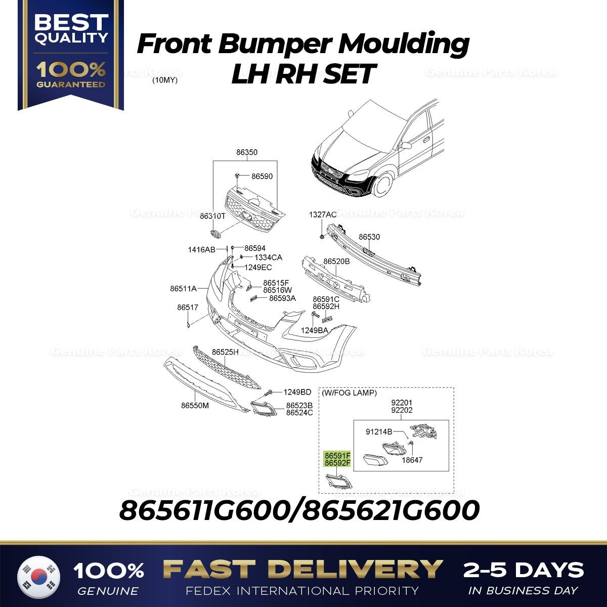Genuine Front Bumper Moulding LH RH SET 865611G600 865621G600 for Kia Rio