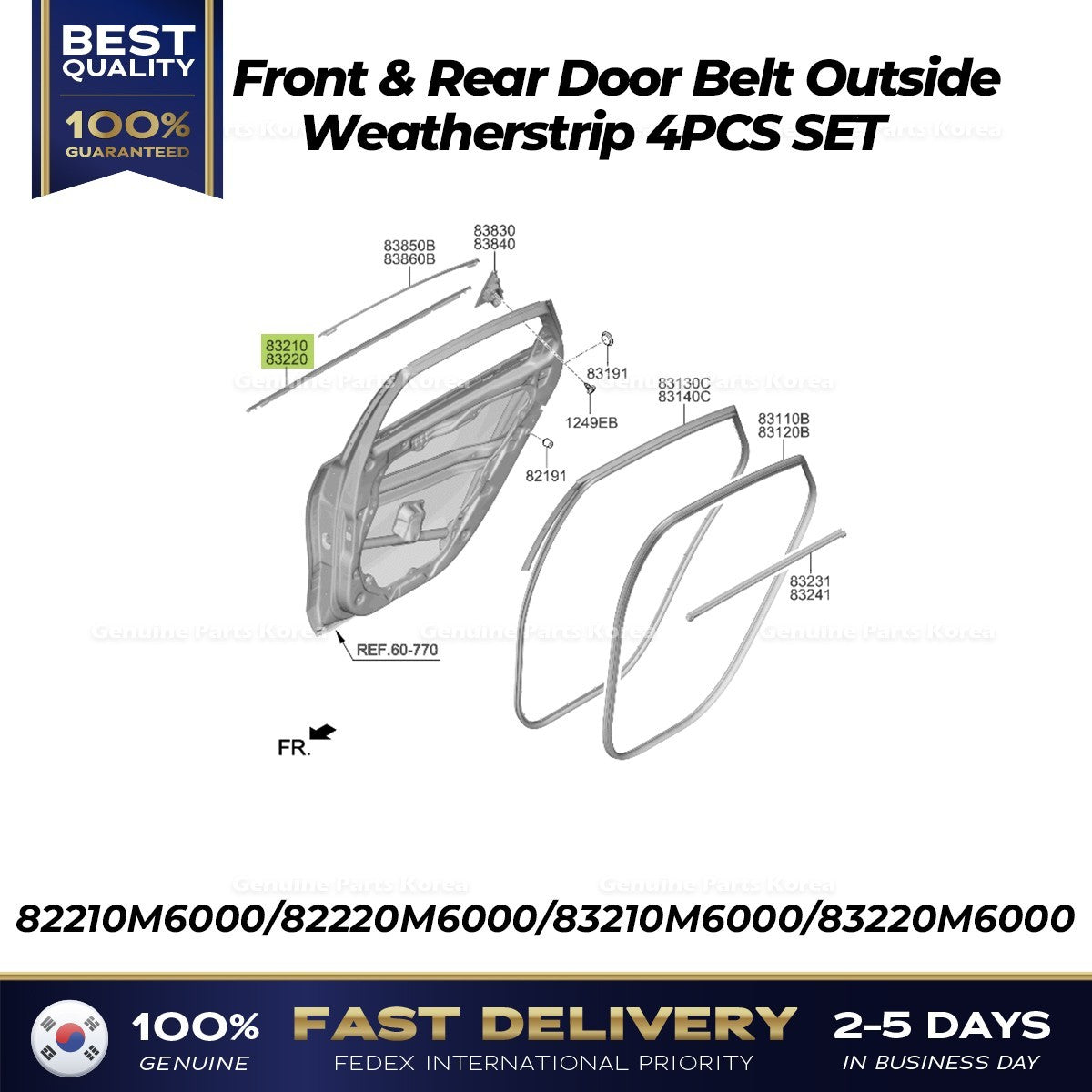 Genuine Front & Rear Door Belt Outside Weatherstrip 4PCS SET for Kia Forte