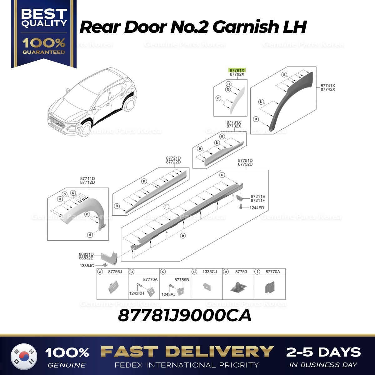 Genuine Rear Door No.2 Garnish LH 87781J9000CA for Hyundai Kona