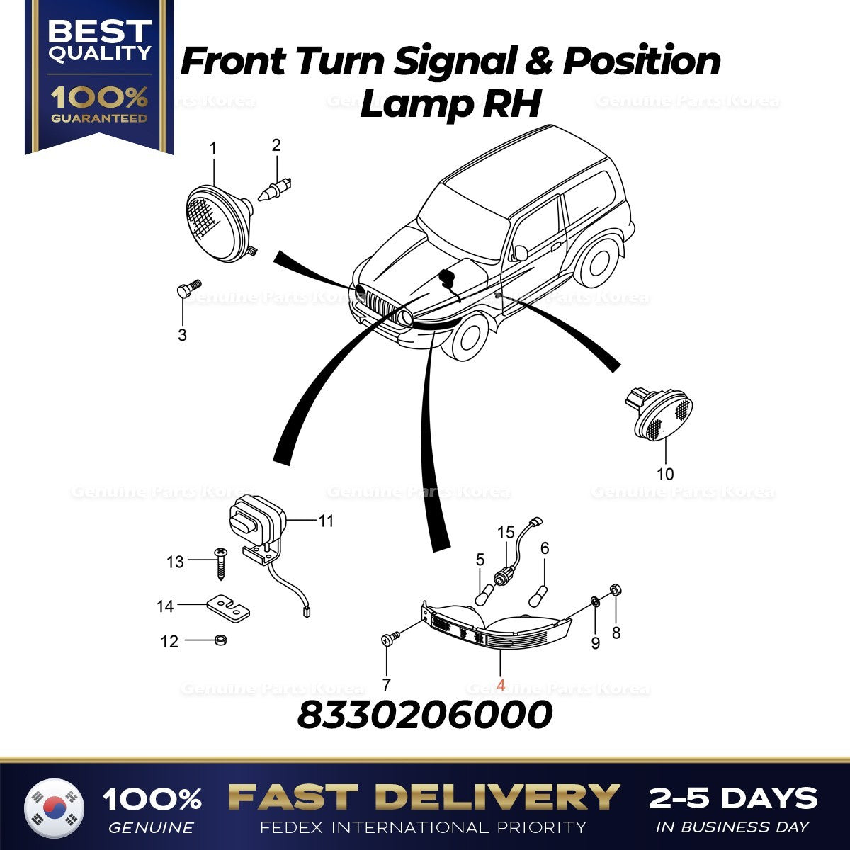 Genuine Front Turn Signal & Position Lamp RH 8330206000 for Ssangyong Korando