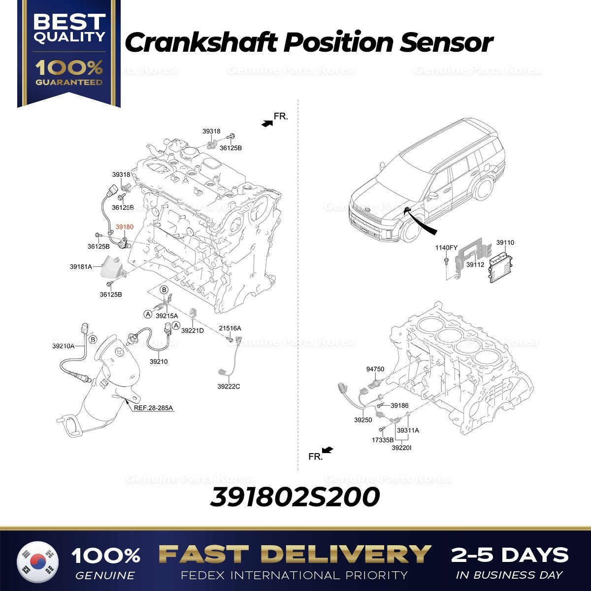 Genuine Crankshaft Position Sensor 391802S200 for Hyundai Santa Cruz Sonata
