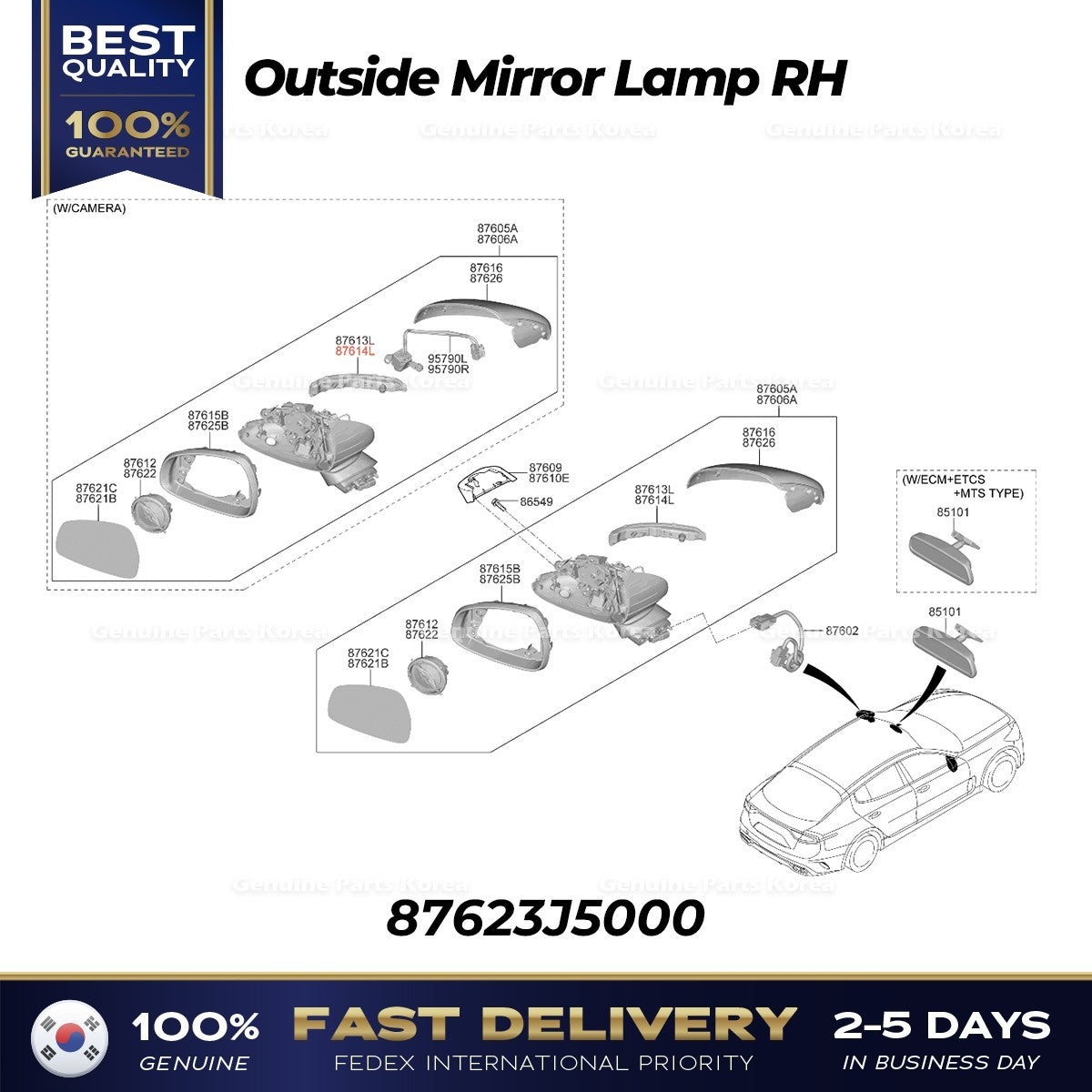 Genuine Outside Mirror Lamp RH 87623J5000 for Kia Stinger
