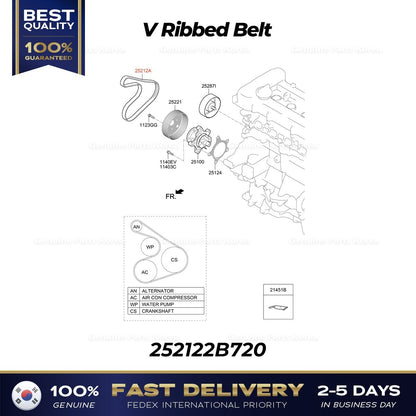 Genuine V Ribbed Belt 252122B720 for Hyundai Elantra Veloster Kia Forte