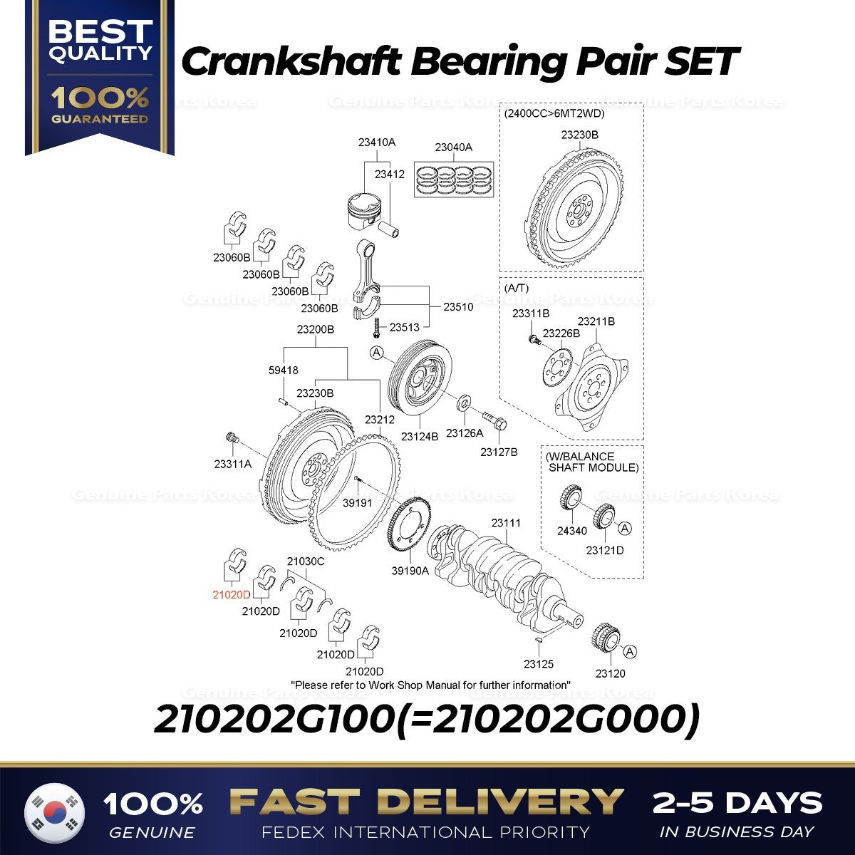 Genuine Crankshaft Bearing Pair SET 210202G100 for Hyundai Santa Fe Kia Forte