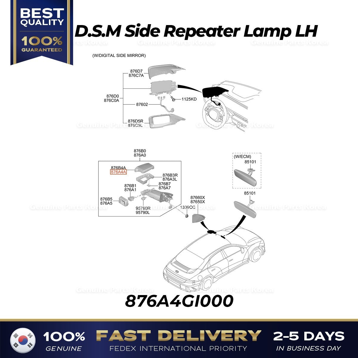 Genuine D.S.M Side Repeater Lamp LH 876A4GI000 for Hyundai Ioniq 6