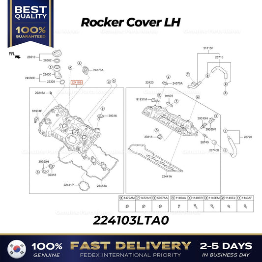Genuine Rocker Cover LH 224103LTA0 for Hyundai Genesis G70 G80