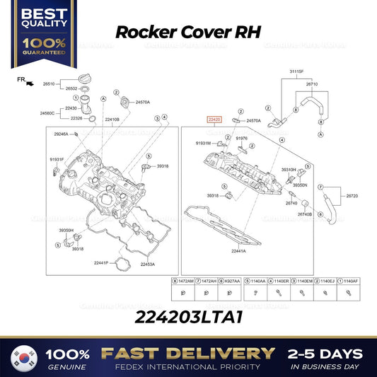 Genuine Rocker Cover RH 224203LTA1 for Hyundai Genesis G70 G80