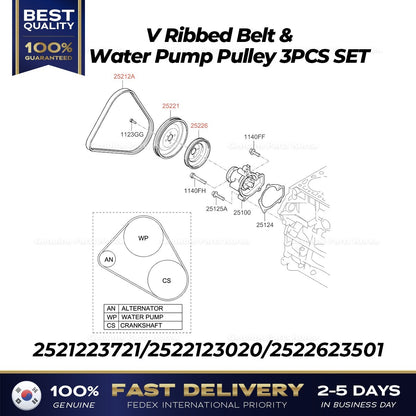 Genuine V Ribbed Belt & Water Pump Pulley 3PCS SET for Elantra Spectra