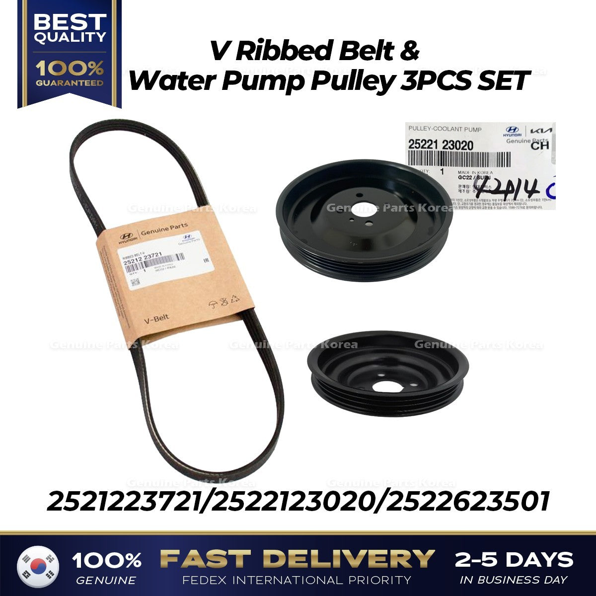 Genuine V Ribbed Belt & Water Pump Pulley 3PCS SET for Elantra Spectra