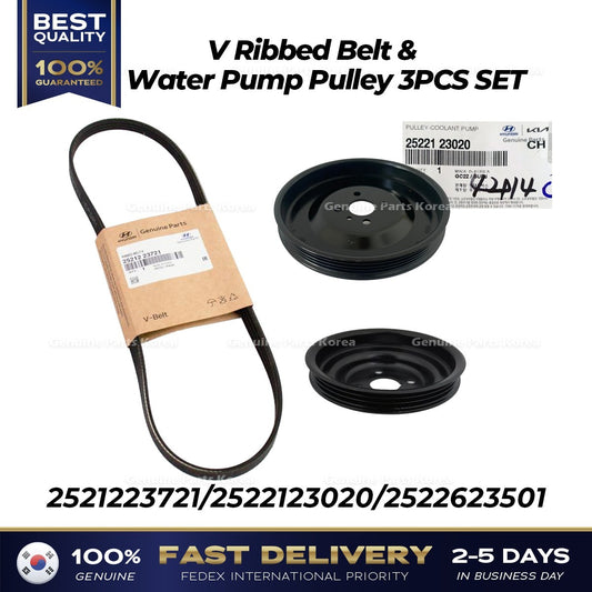 Genuine V Ribbed Belt & Water Pump Pulley 3PCS SET for Elantra Spectra