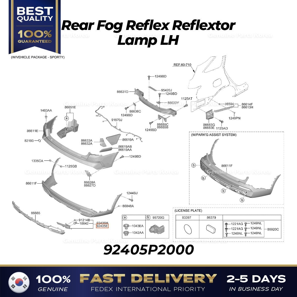 Genuine Rear Fog Reflex Reflextor Lamp LH 92405P2000 for Kia Sorento