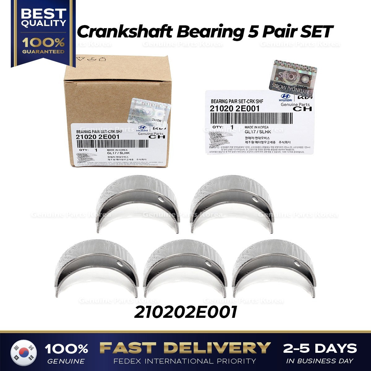Genuine Crankshaft Bearing 5 Pair SET 210202E001 for Hyundai Elantra