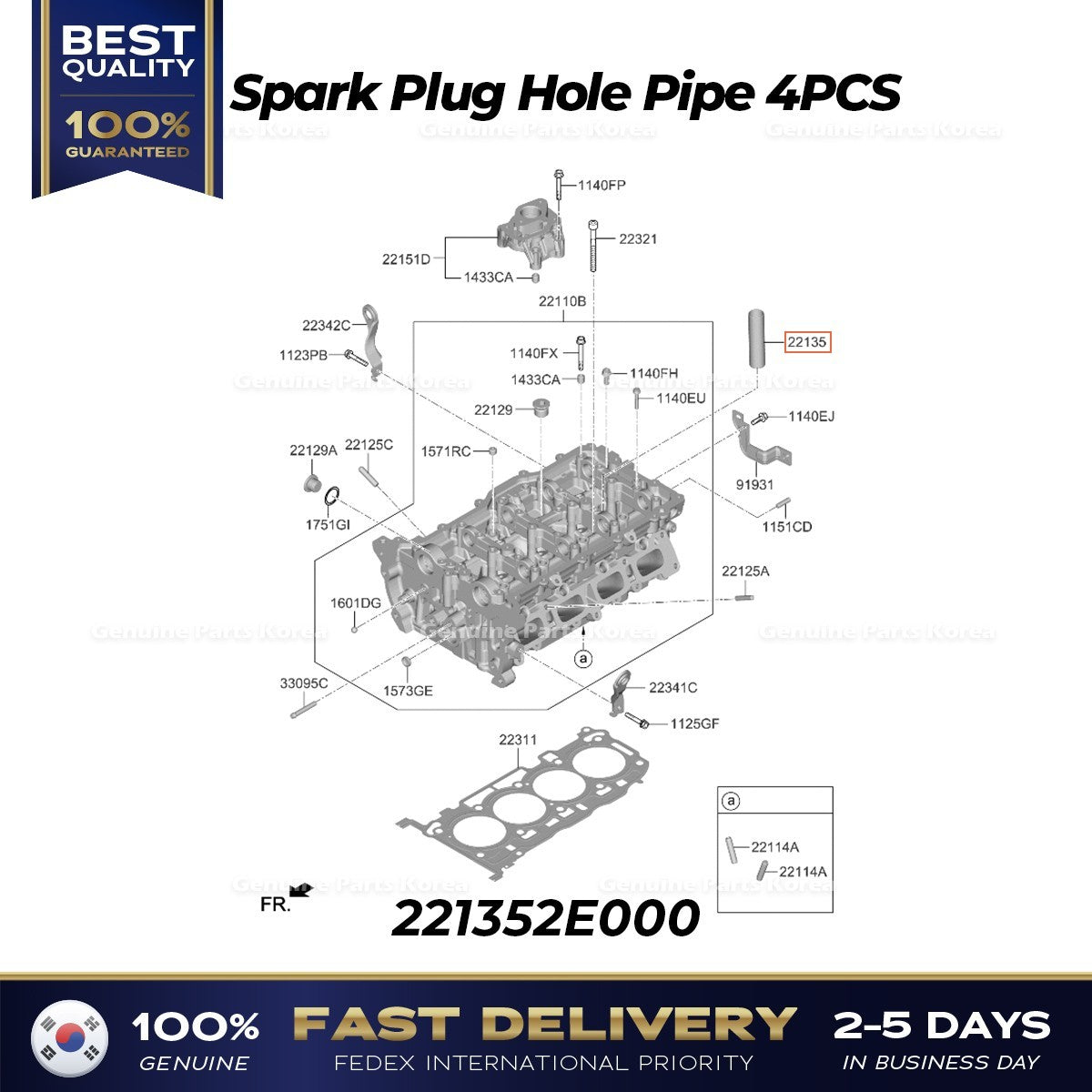 Genuine Spark Plug Hole Pipe 4PCS 221352E000 for Hyundai Elantra Kia Forte