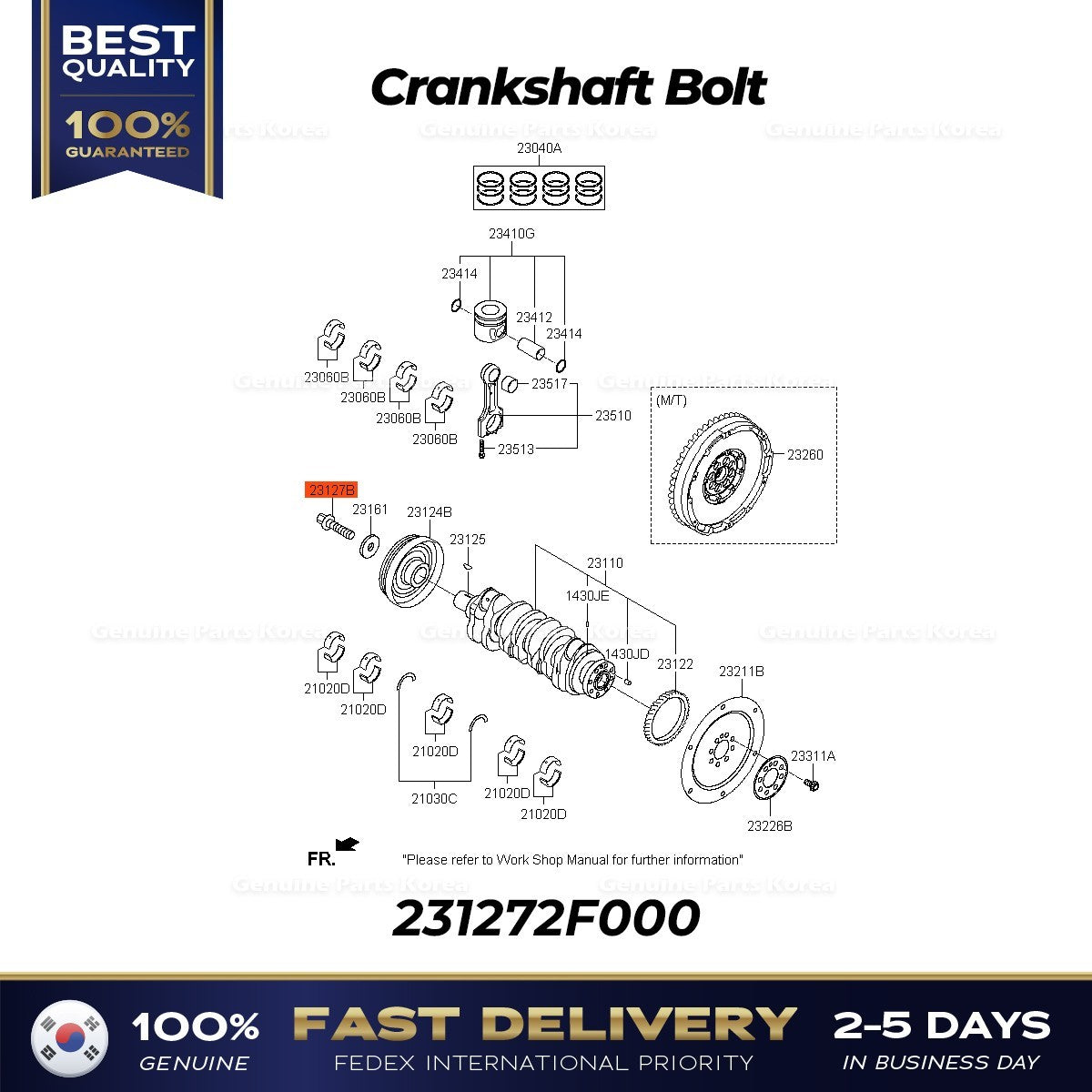 Genuine Crankshaft Bolt 231272F000 for Hyundai Santa Fe