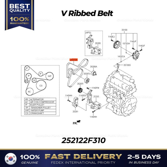 Genuine V Ribbed Belt 252122F310 for Hyundai Santa Fe