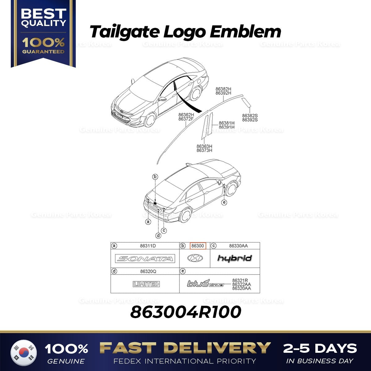 Genuine Tailgate Logo Emblem 863004R100 for Hyundai Sonata Hybrid