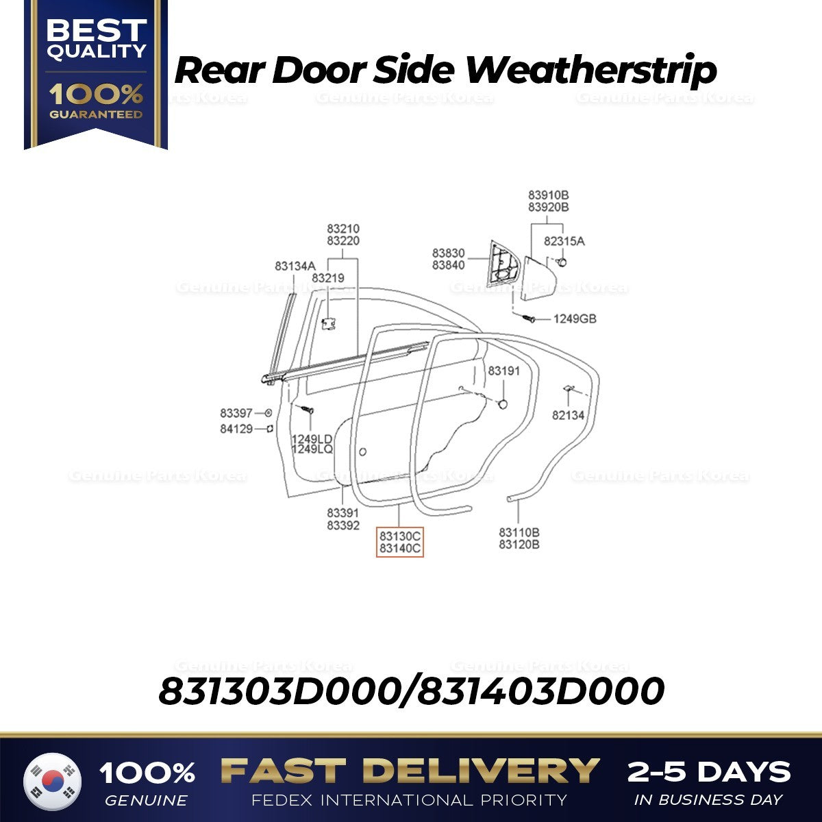 Genuine Rear Door Side Weatherstrip 831303D000 831403D000 for Hyundai Sonata