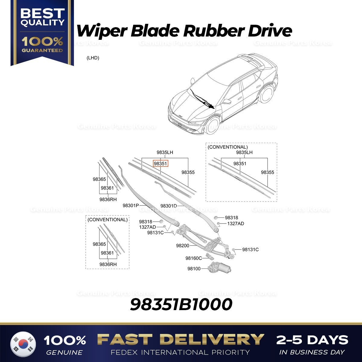 Genuine Wiper Blade Rubber Drive 98351B1000 for Hyundai Genesis Kia