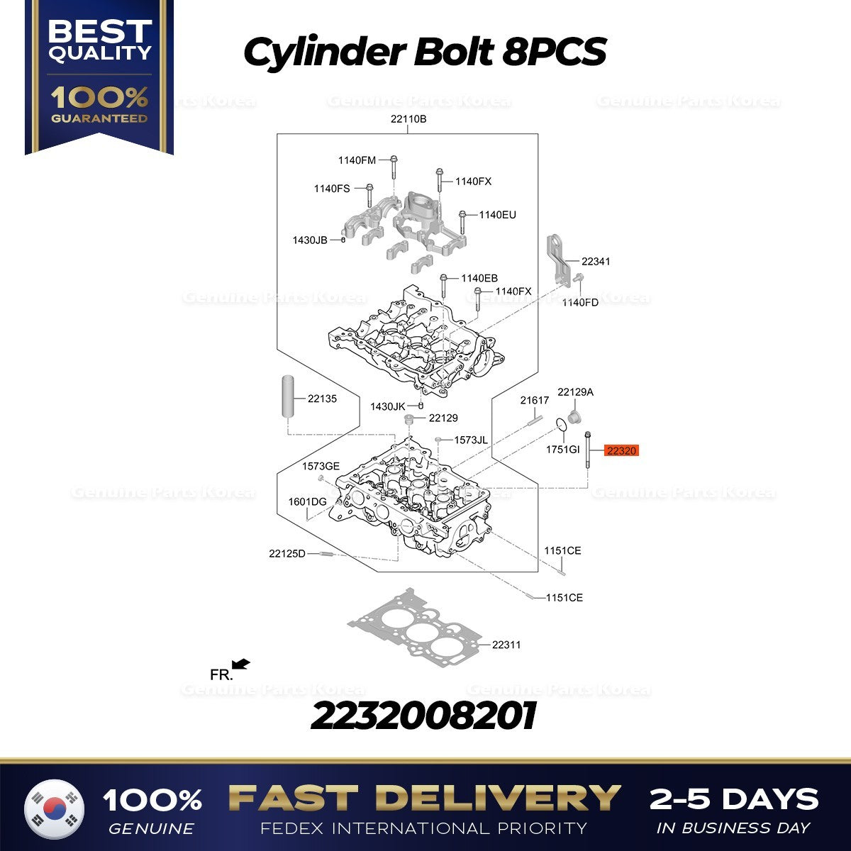Genuine Cylinder Bolt 8PCS 2232008201 for Kia Spectra