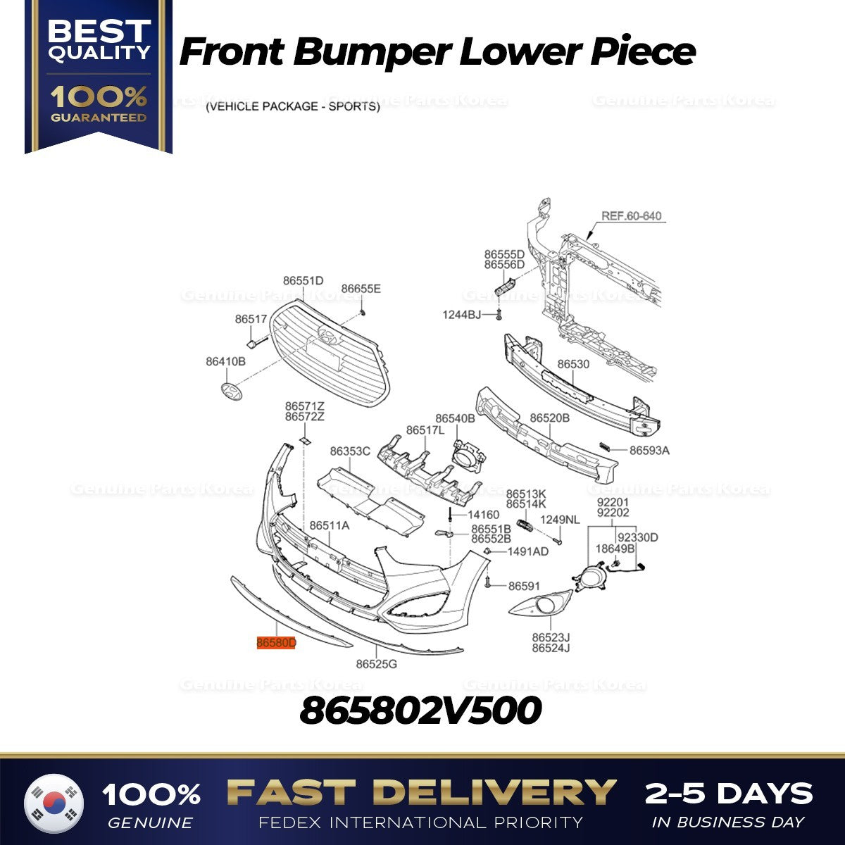 Genuine Front Bumper Lower Piece 865802V500 for Hyundai Veloster