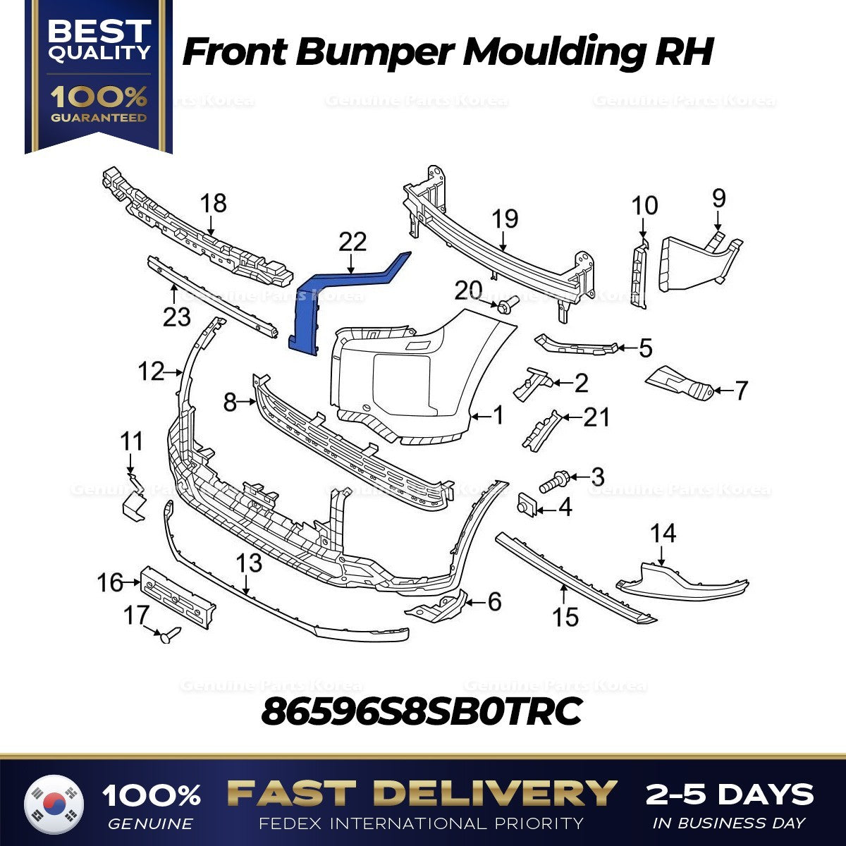 Genuine Front Bumper Moulding RH 86596S8SB0TRC for Hyundai Palisade