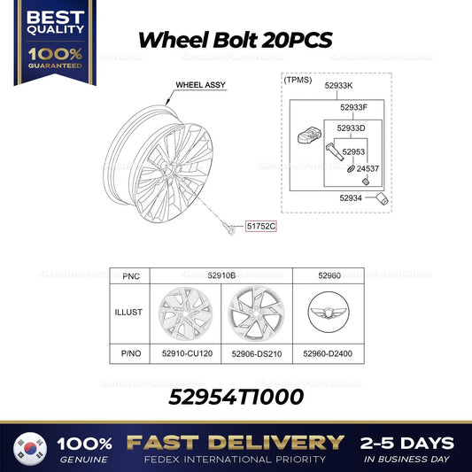 Genuine Wheel Bolt 20PCS 52954T1000 for Hyundai Genesis G80 G90