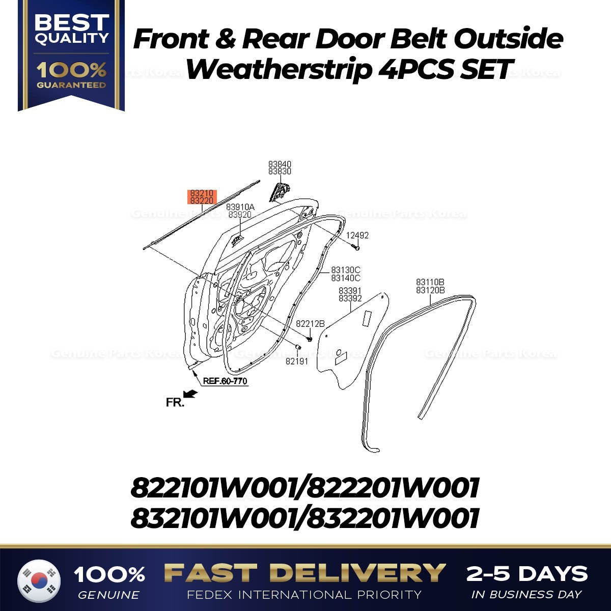 Genuine Front & Rear Door Belt Outside Weatherstrip 4PCS SET for Kia Rio